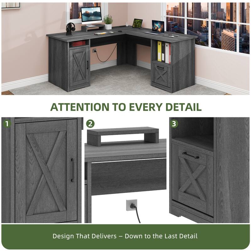 Moasis 59" L Shaped Office Desk with File Cabinet, Corner Computer Desk with Monitor Stand for Home Ofiice
