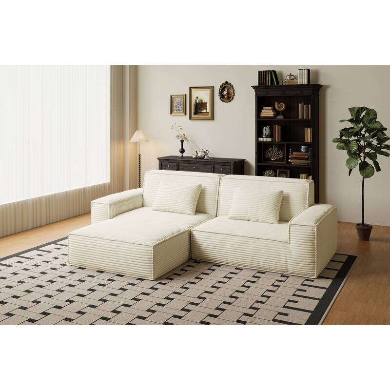 Anmytek Modern Large Striped Vacuum Compressed Full Sponge High Rebound Straight Sofa with Footstool Beige