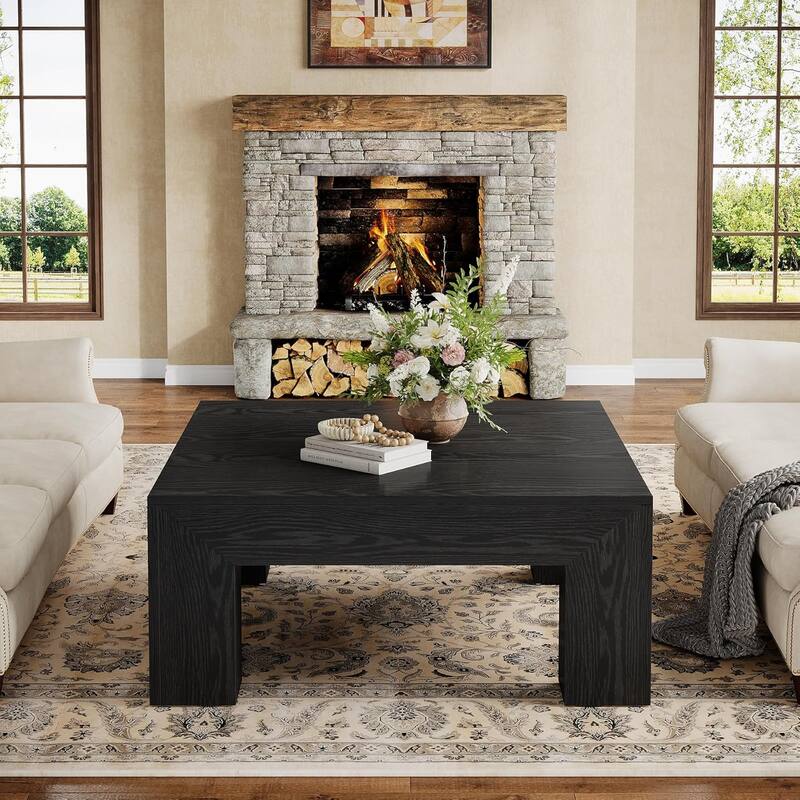 39.4-Inch Square Coffee Table for Living Room, Farmhouse Accent Center Cocktail Table with Sturdy Wooden Legs