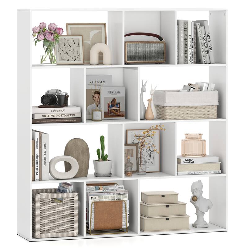 Gymax Open Shelf Bookcase w/12 Storage Compartments 2 Anti-Tip Kits - White