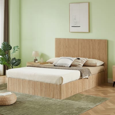Queen Size Lift Up Storage Bed Frame with Wooden Corrugated Curved Lines and Hydraulic Storage