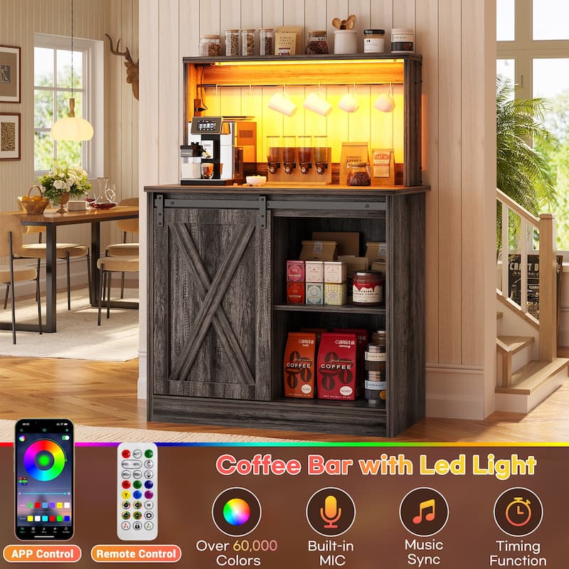 Farmhouse Wine Bar Cabinet with Barn Door & Charging Station,Sturdy Buffet Coffee Bar Cabinet with LED Lights & Hutch