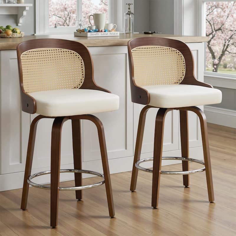26" Upholstered Swivel Counter & Bar Stool with Rattan Back - 37.4"H x 19.09"W x 19.88"D