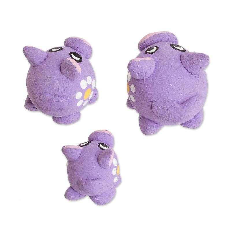 Novica Handmade Purple Pig Family Ceramic Figurines (Set Of 3)