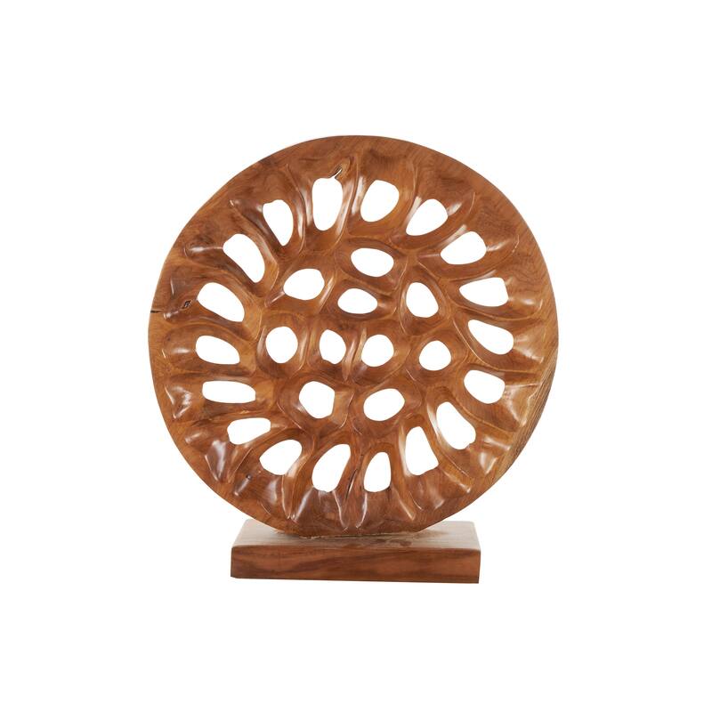 Brown Teak Wood Handmade Circular Cutout Abstract Decorative Sculpture