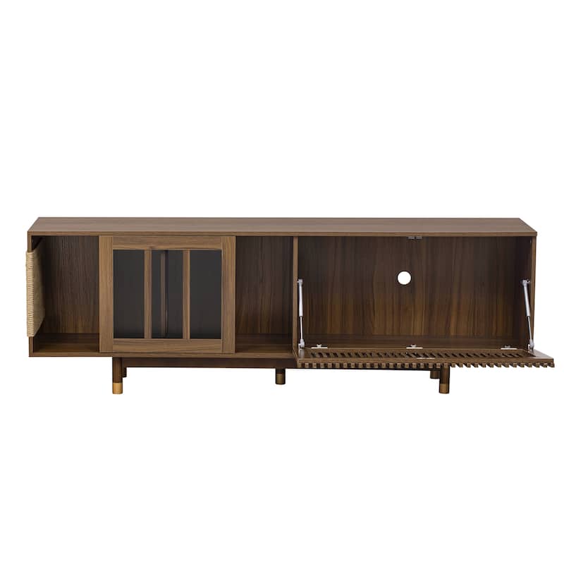 Modern 2 in 1 TV Stand with Cat Scratcher, Cat House Media Console Table with Sliding Flip-down Glass Doors