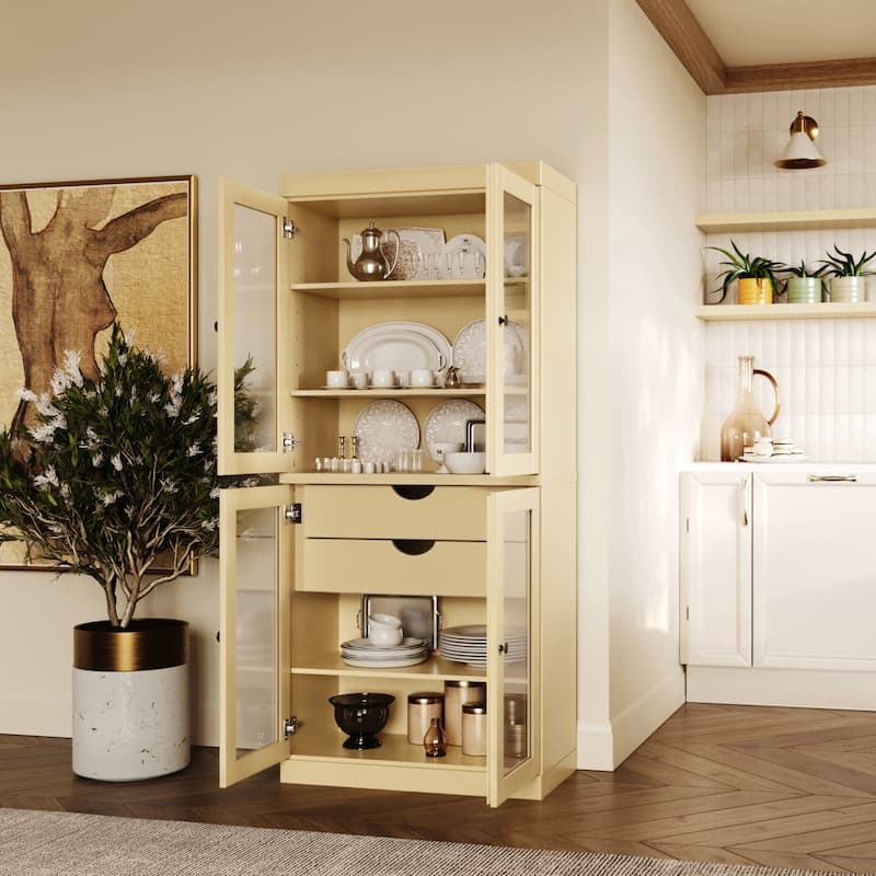 Palace Imports 100% Solid Wood Pantry Cabinet with Frosted, Clear Glass or Solid Doors, 2-Drawers and Adjustable Shelves - Yellow - Clear Glass