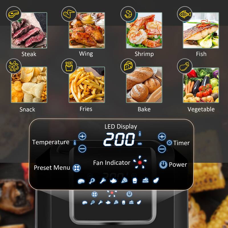 1700W 6.9 Quart Air Fryers Oven with Digital Display, for Oil Less or Low Fat Cooking, Black