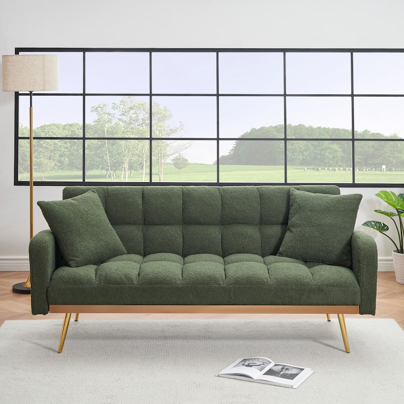 Futon Sleeper Sofa Bed Teddy Fabric Lounge Couch with 3 Speed Adjustable Back, Removable Armrest and Pillows for Small Space - Green