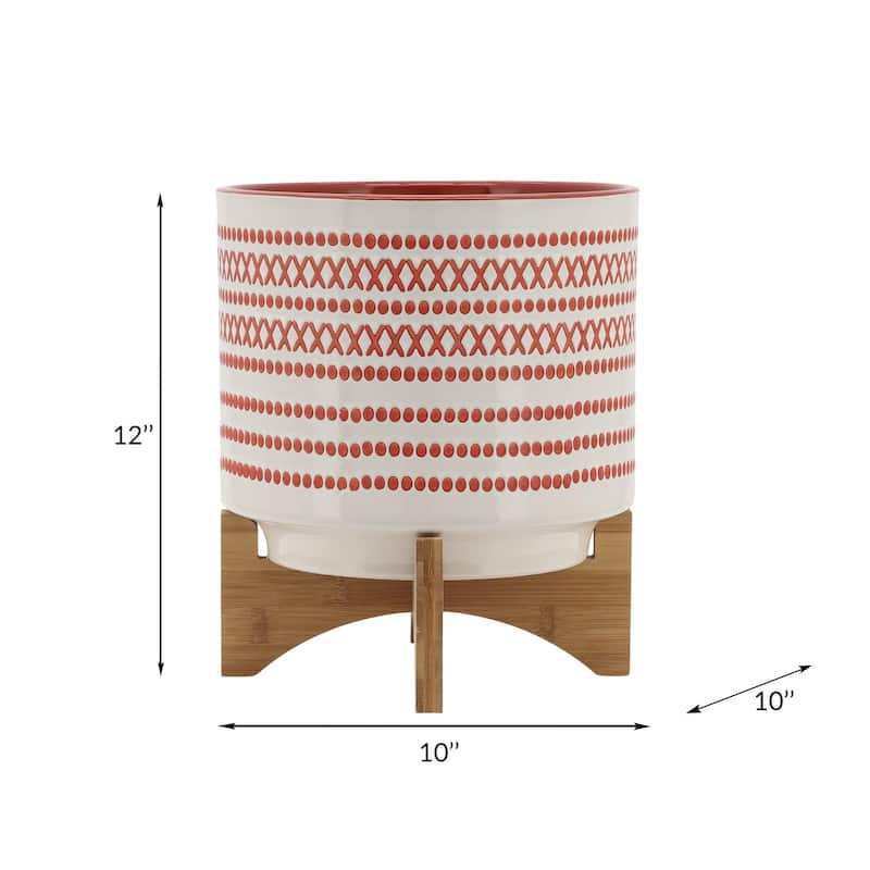10-inch Ceramic Planter with Wood Stand,Orange