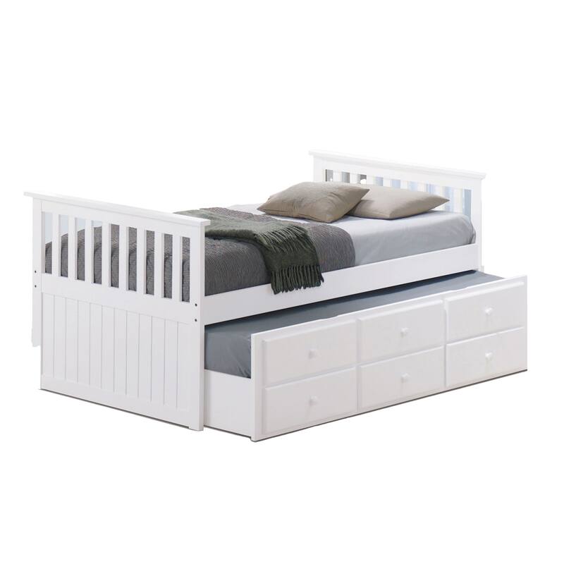 Clen Twin Captain Bed, Trundle with 3 Drawer Storage, White Solid Hardwood