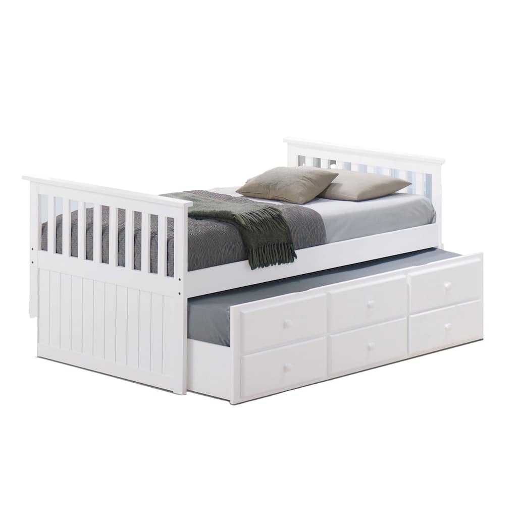 Clen Twin Captain Bed, Trundle with 3 Drawer Storage, White Solid Hardwood