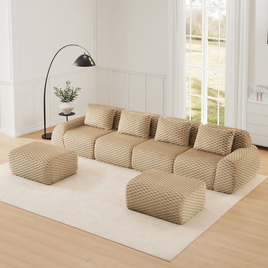 146" Modern U-Shaped Flannelette Boneless Modular Sectional Sofa with Ottoman