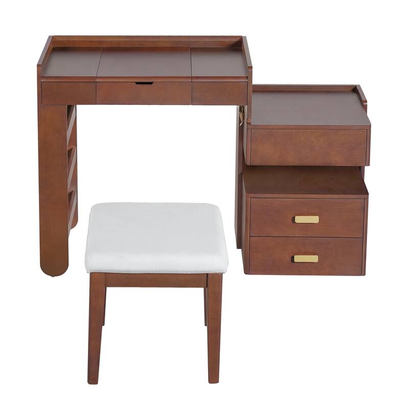 3-in-1 Makeup Vanity Desk with Stool, Flip-Top Mirror, Adjustable 3 Colors Lighting & Retractable Side Cabinet