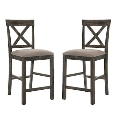 Set of 2 Counter Height Chairs with Linen Padded Seat, Tan and Weathered Gray