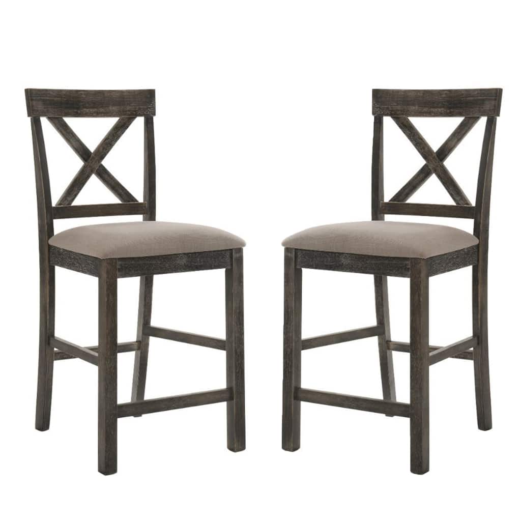 Set of 2 Counter Height Chairs with Linen Padded Seat, Tan and Weathered Gray