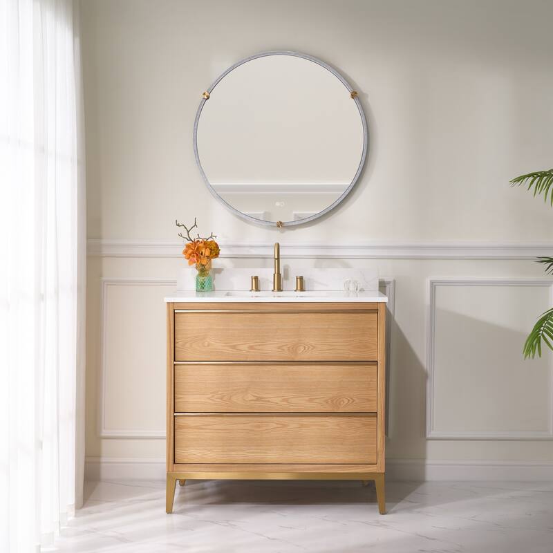 36"/48"/60" W Width Solid Wood Bathroom Vanity with Stain-resistant Carrera White Quartz Top and Sink - 36''Wx35''H - Light Oak