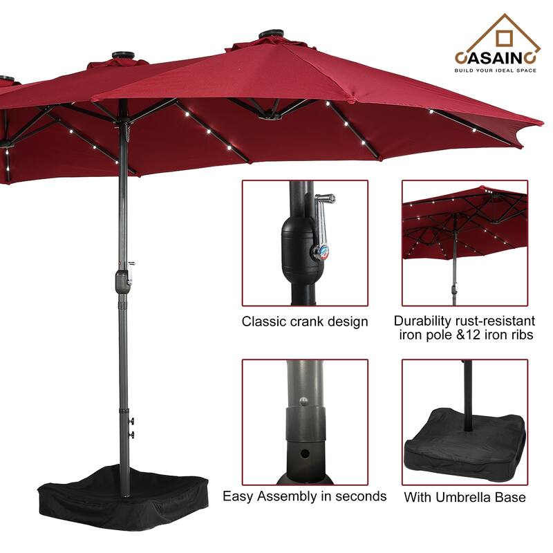 15-ft. Rectangular Crank Double-sided Outdoor Market Umbrella Solar LED Lighted Patio Umbrella with Base Included