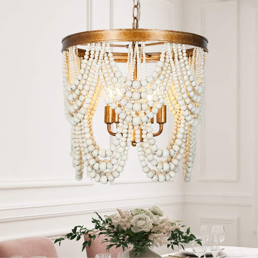 Empire Luxury French Country Tiered Wood Beaded Coastal Chandelier 4-light Antique Gold Dining Room Bedroom Lights