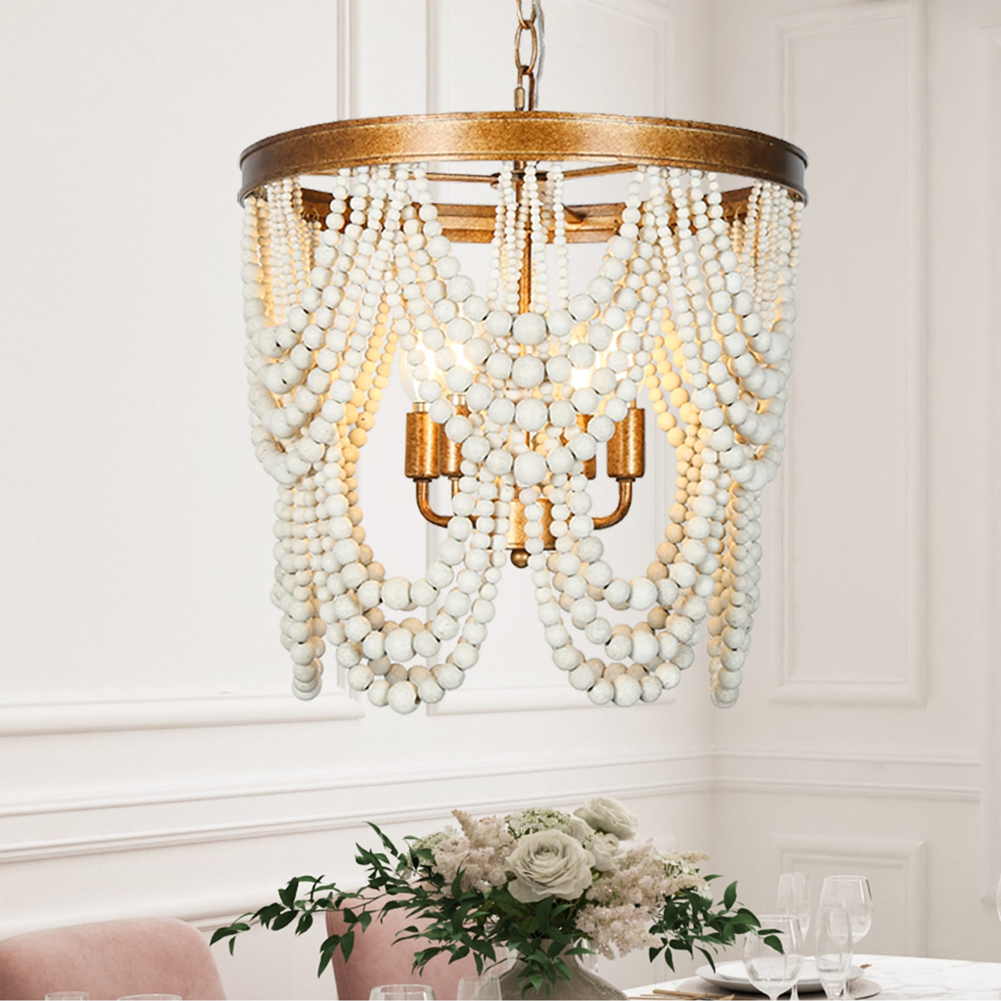 Empire Luxury French Country Tiered Wood Beaded Coastal Chandelier 4-light Antique Gold Dining Room Bedroom Lights
