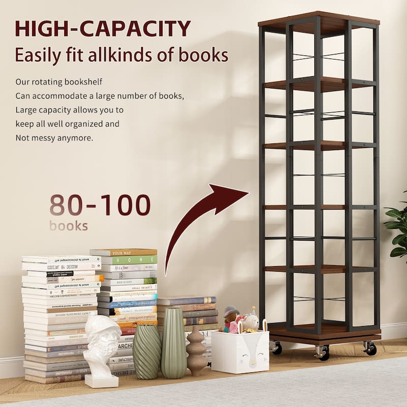 5 Tiers Rotating Bookshelf, Corner Bookcase, 360 Display Wood Spinning Bookshelves, Floor Standing Bookcase Narrow Shelf