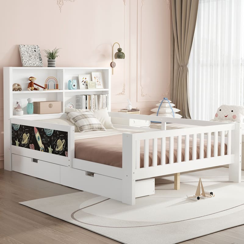 Childlike Fun Solid Wood Low-profile Platform Bed Storage Bed Frame with Side Chalkboard, Open Shelves, Drawers and Guardrails