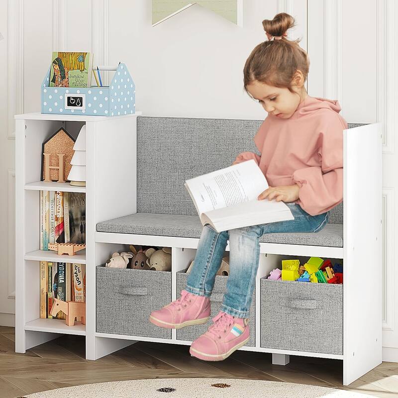 COSTARS Kids Bookshelf with Reading Nook, Toddler Bookcase Bench and Toy Storage Organizer with Seat and Back Cushion