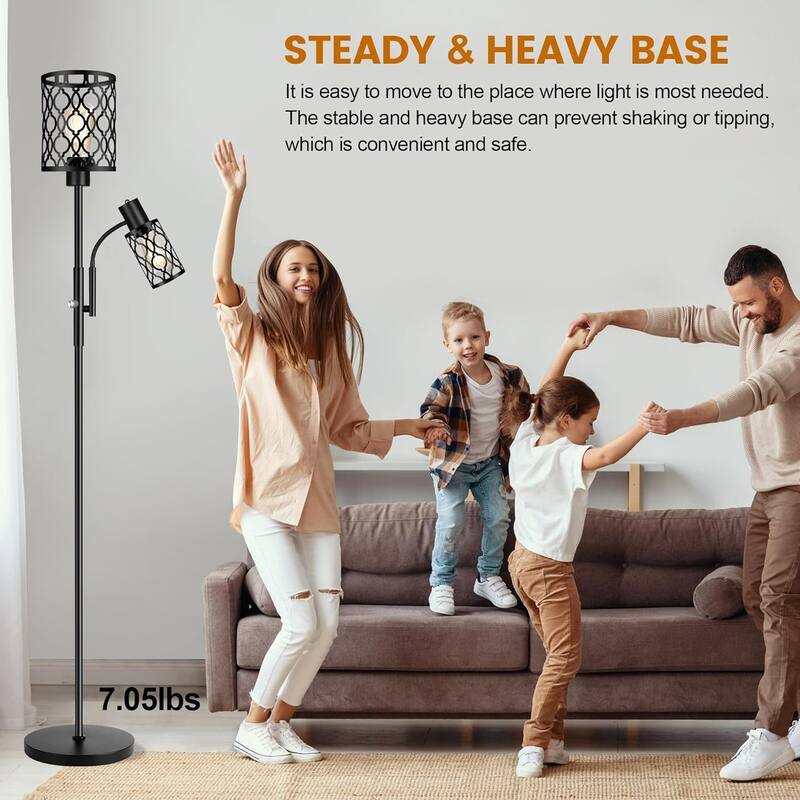 72" Farmhouse Floor Lamps, Floor Lamp with Adjustable Reading Lamp, 2-Light Tall Standing Lamps with 2 Edison Bulbs, 6W