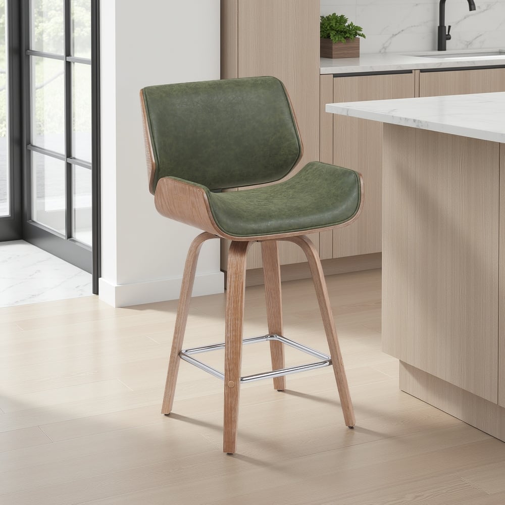 Tyler Mid-Century Swivel Bar Stool, Upholstered Counter Height Chair with Bentwood Legs