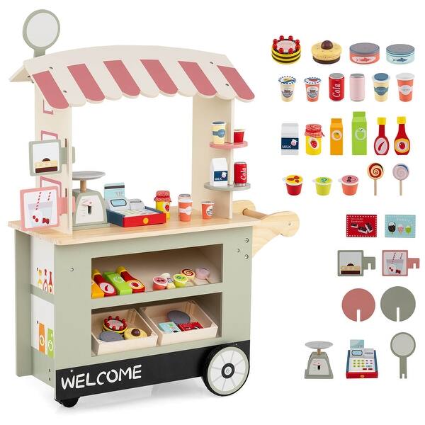 slide 2 of 25, Costway Kids Snacks & Sweets Food Cart Kids Toy Cart Play Set with 30 - See Details Green