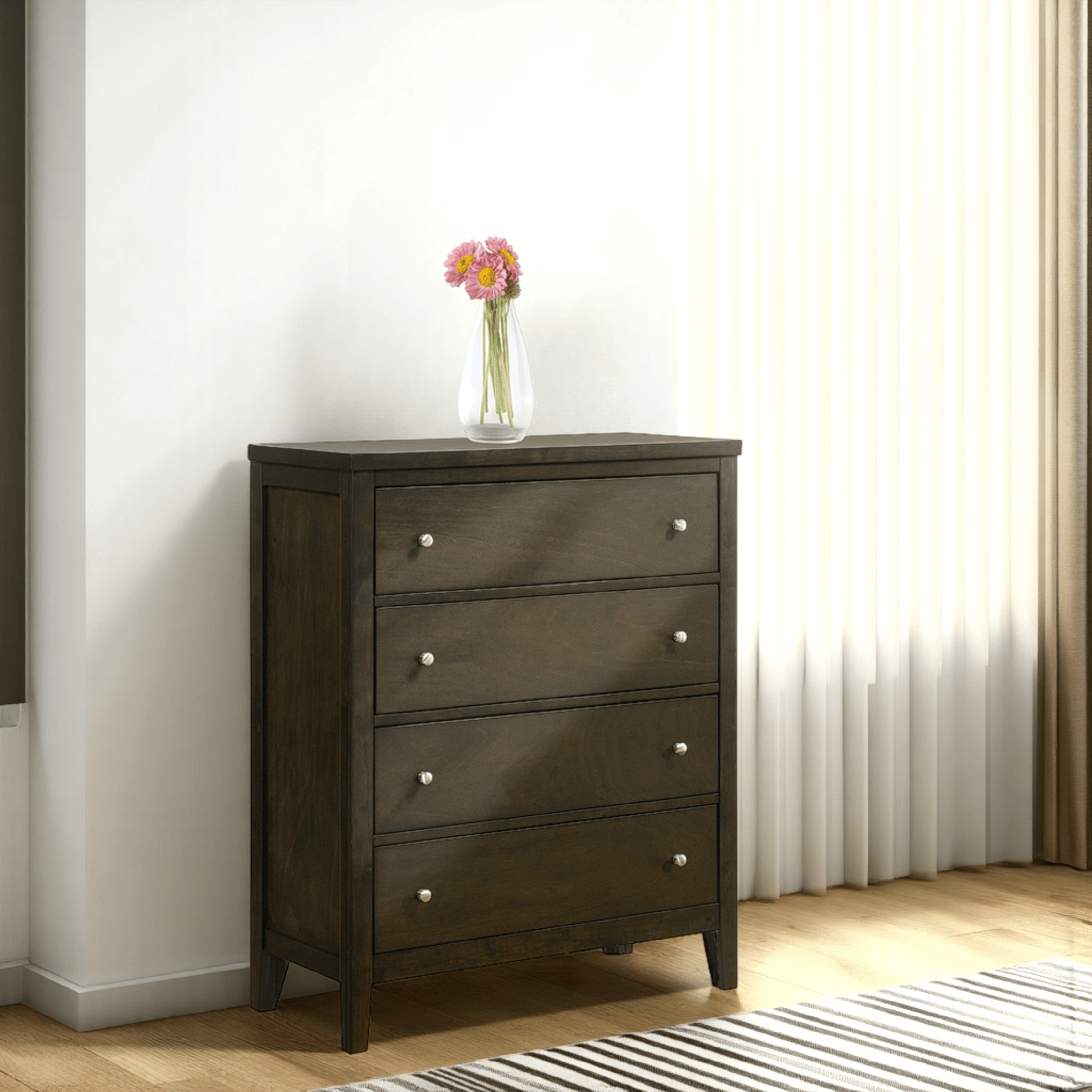Wily Tall Dresser Chest, Dark Brown Wood, 4 Drawer, Round Nickel Knobs