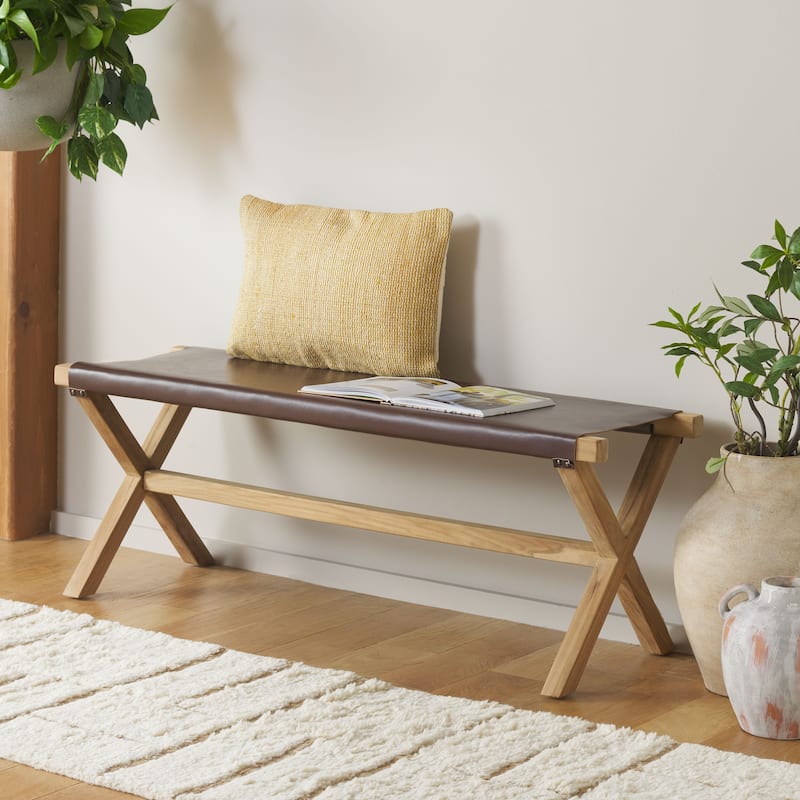 SAFAVIEH Elron X-Leg Bench (Fully Assembled) - 47"W x 16"D x 18"H - Cognac/Natural