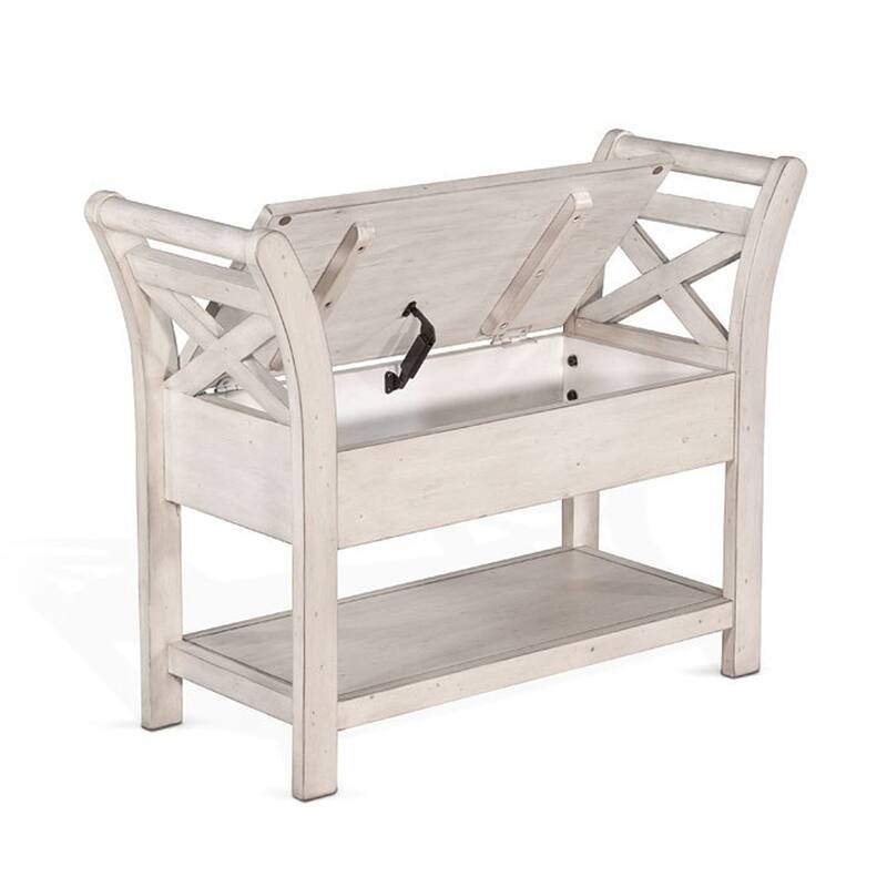 Sime 36 Inch Accent Bench, X-Panel and Storage, Ivory White Mahogany