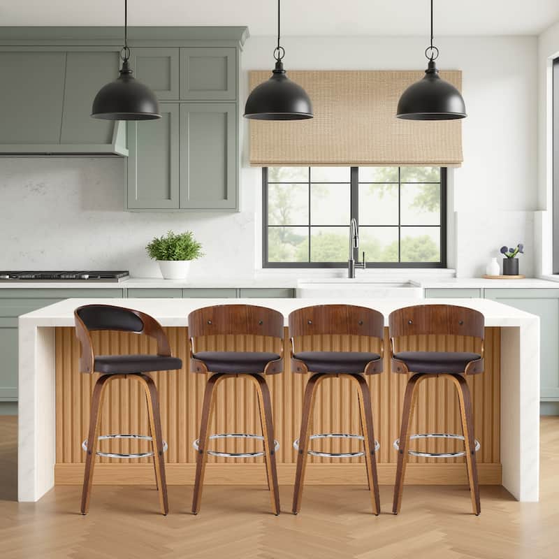 Shelly Mid-Century Swivel Bar Stool, Upholstered Counter Height Chair with Bentwood Legs - Brown & Walnut - Counter Height - Set of 4