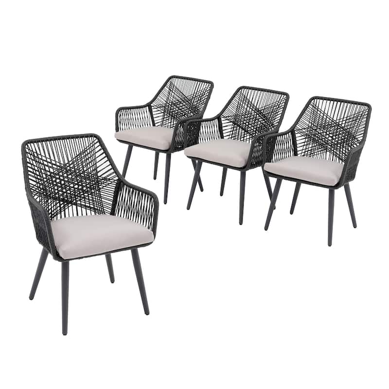 Outdoor Patio Woven Rope Dining Chairs With Armrest and Seat Cushions