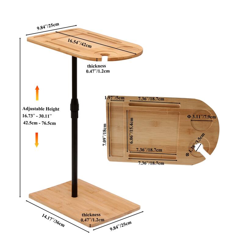 Couch Tray Table Bamboo Height Adjustable Side Table for Sofa C-shaped Oval End Tables