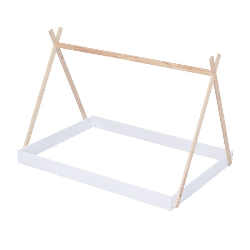 Sturdy Full Size Wooden Tent Bed for Kids with Low Platform and Creative Play Space