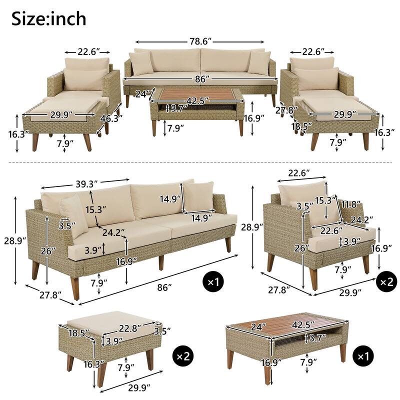 All-Weather PE Wicker Sofa Set with Double Cushions & Wood Legs, 6-Piece Outdoor Rattan Sectional