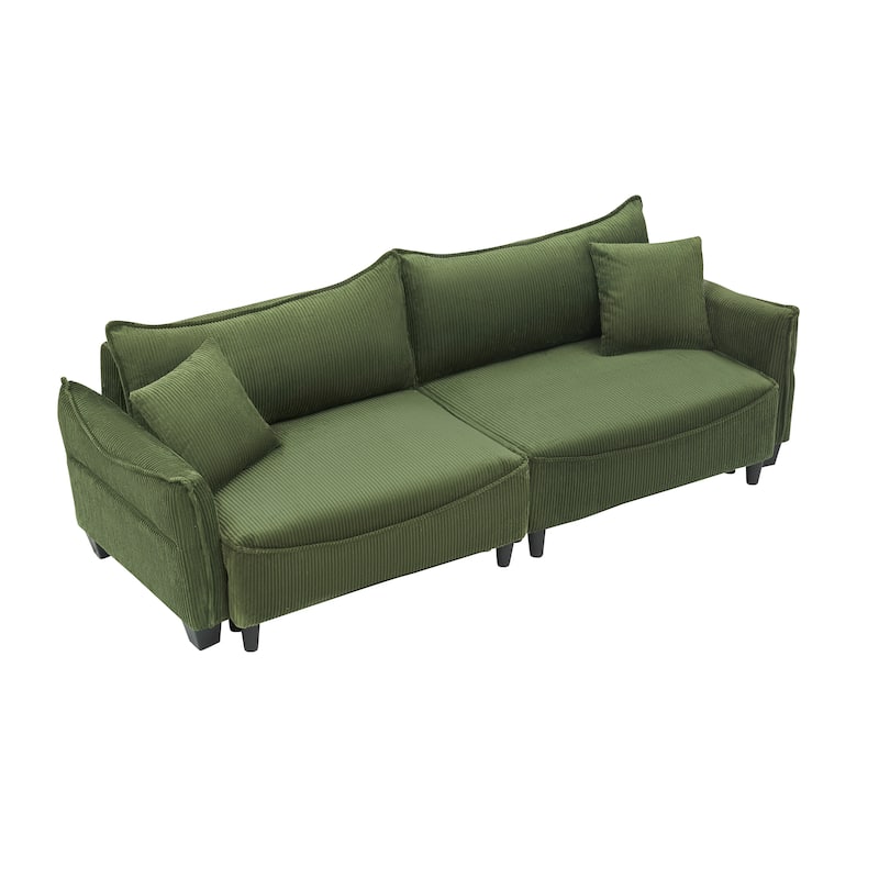 Green 87.79" Corduroy 3-seater Sofa Bed with Two Throw Pillows and Storage for Living Room