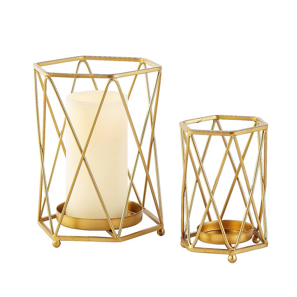 Gold Geometric Wire Pillar Candle Holders, All Seasons, Home Decor, Candle Holders & Accessories, 2 Pieces