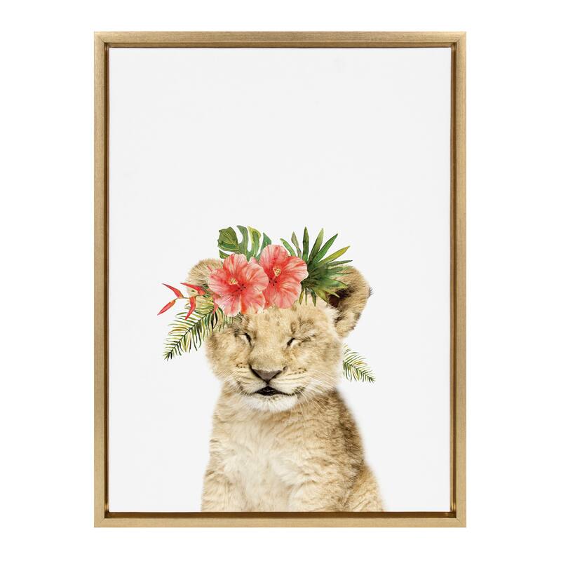 Kate and Laurel Sylvie Flower Crown Lion Cub Framed Canvas by Amy Peterson