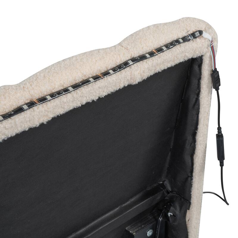 Twin Upholstered Platform Bed with Trundle, Soft Teddy Fleece, Stripe Headboard, and Smart LED Lights