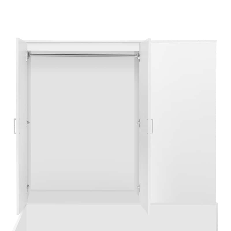 Full Size White Wooden Platform Bed with Storage, Desk, and Wardrobe