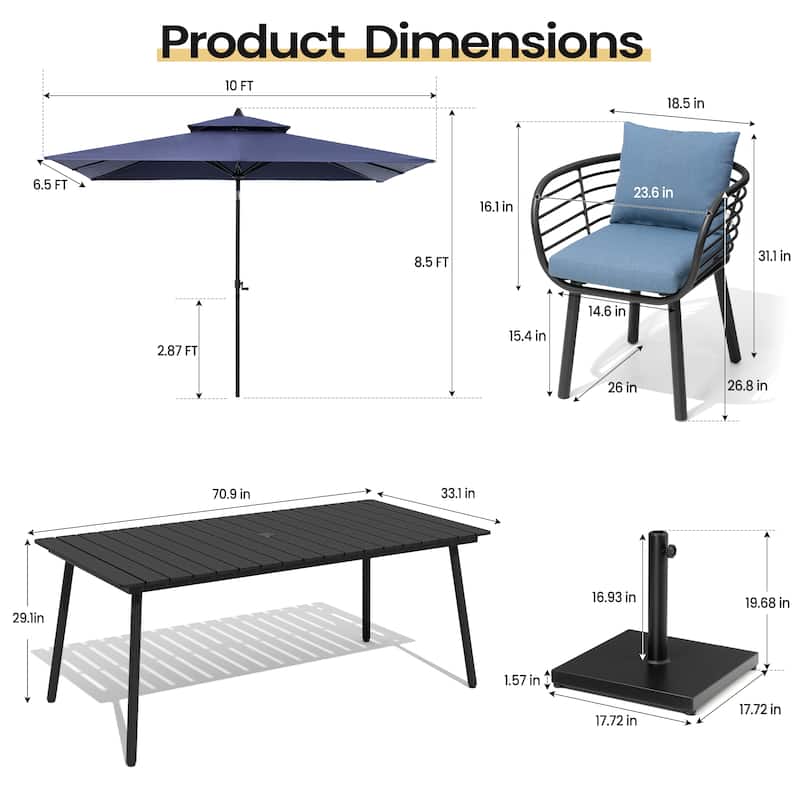 9PC Outdoor Patio Dining Set Aluminum Table with Sunbrella Cushion Chairs w/ Market Umbrella Sets
