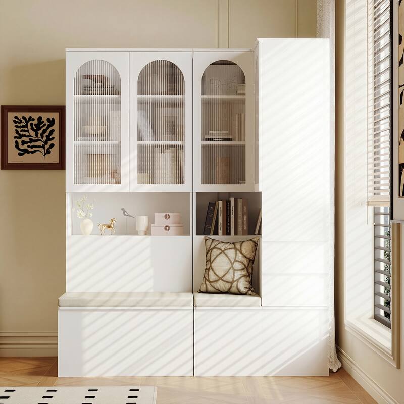 Entryway Cabinet Tempered Glass DoorsStorage Bench with Cushion, Modern Mudroom Hall Tree Organizer with Hidden Storage