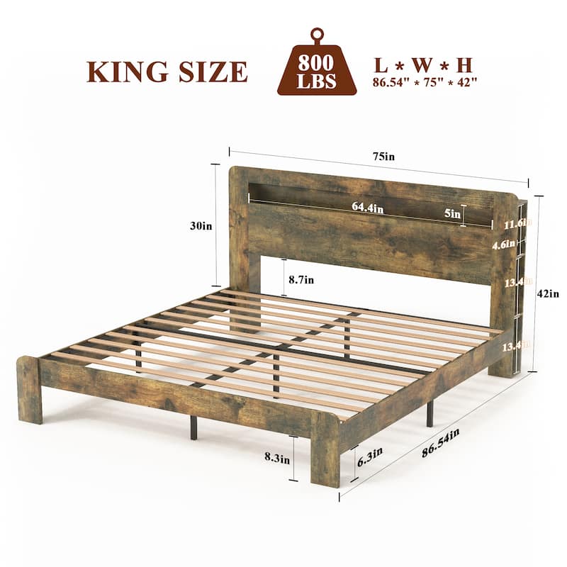 King Size Wood Platform Bed Frame with Storage, LED Headboard, USB Ports, Under Bed Space, Easy Assembly, Dark Brown