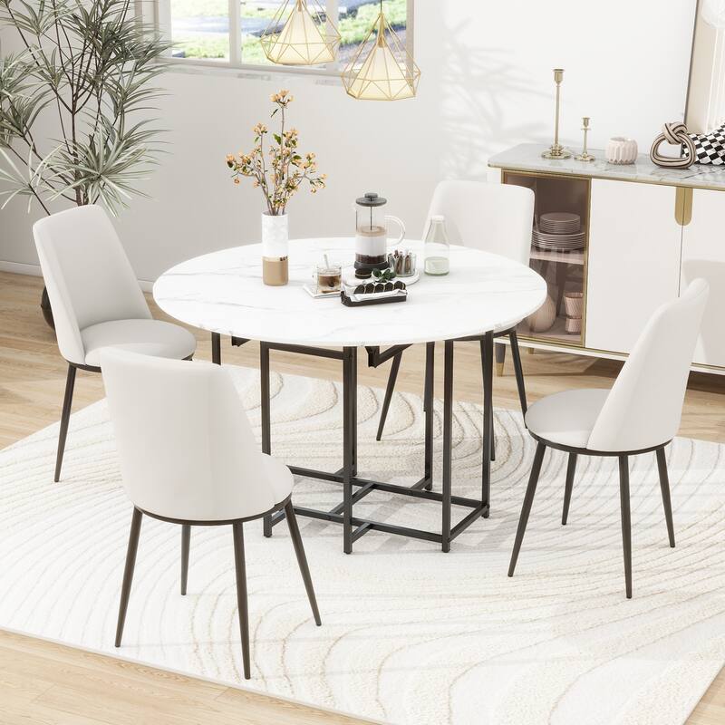 5-Piece Extendable Kitchen Dining Table Set- Round Faux Marble Top, 4 Upholstered Chairs, Compact Foldable Design - Beige+White
