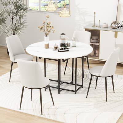 Roomfitters Space-Saving 5-Piece Extendable Dining Table Set with Round Faux Marble Top, 4 Upholstered Chairs