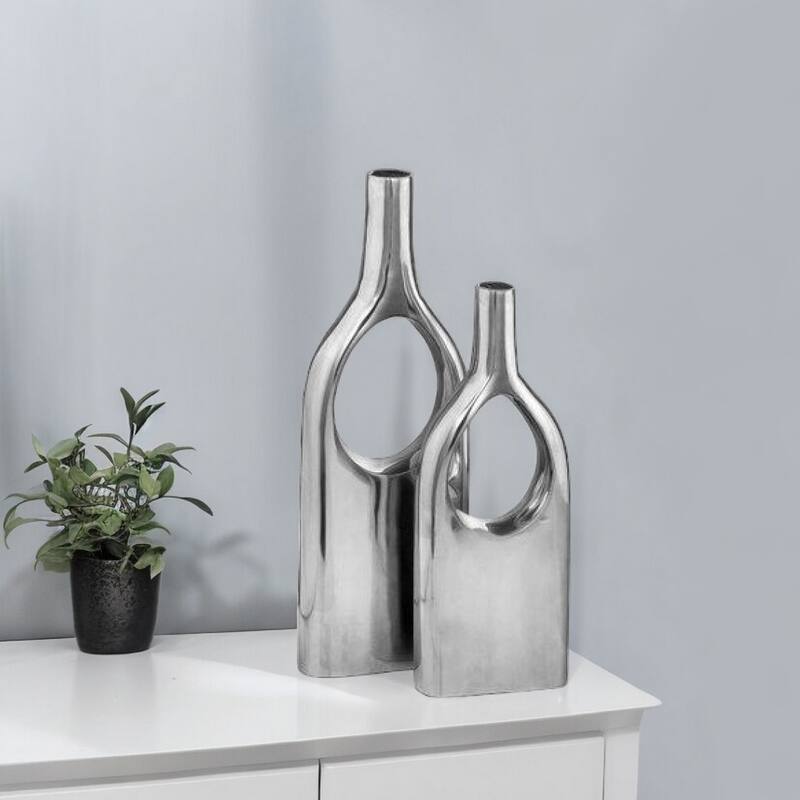HomeRoots Set of Two Silver Aluminum Modern Hole Table Vases - 4