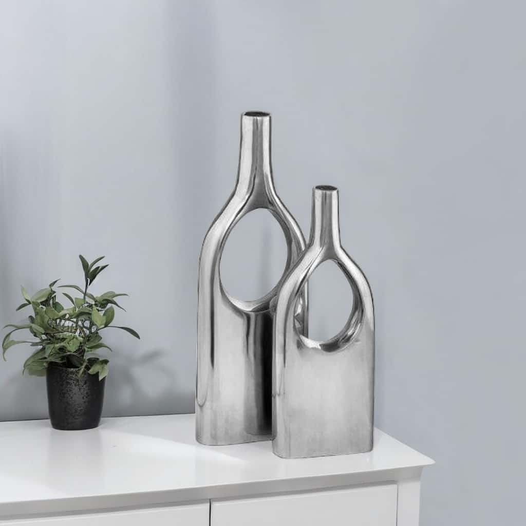 HomeRoots Set of Two Silver Aluminum Modern Hole Table Vases - 4
